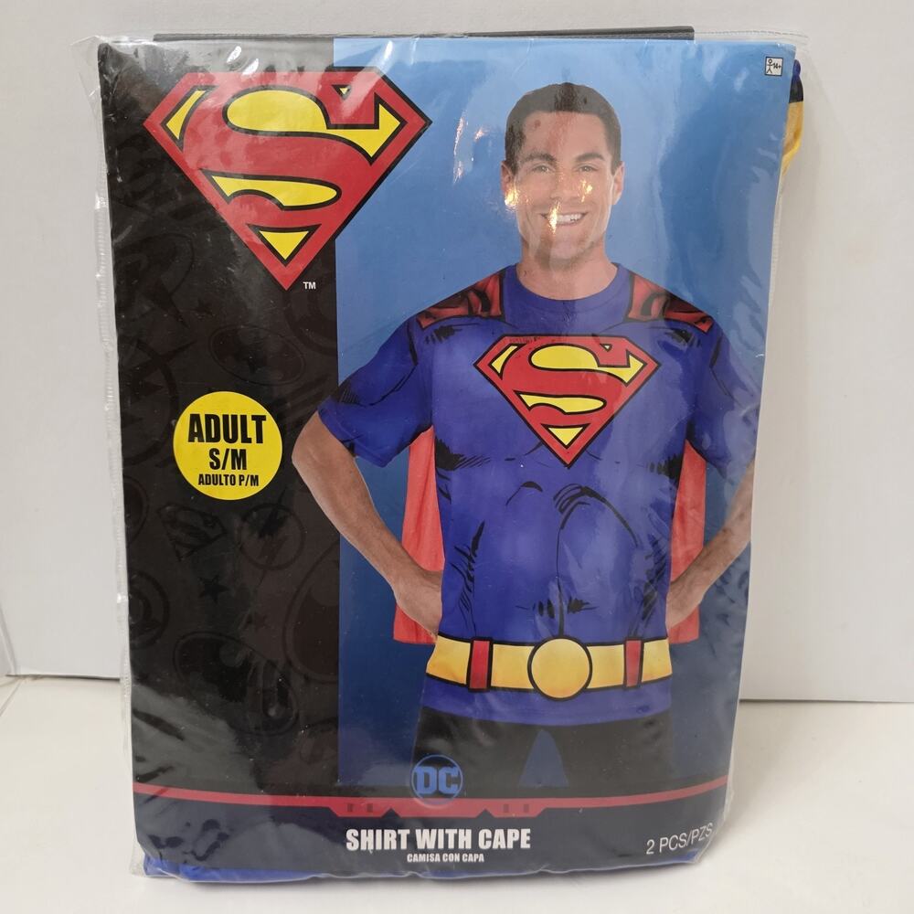 Superman Adult Costume Shirt Cape S/M DC Comics Halloween Cosplay NEW Sealed